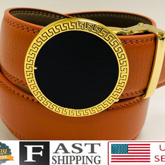 Automatic Designer Buckle Men's‎ Orange Ratchet Genuine Leather Belt Dress Jeans - Picture 2 of 3